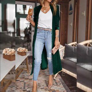 Green Velvet Open Front Pocketed Long Duster